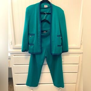 Bleyle Women’s Teal Green with Blue trim Blazer &Pants Vintage Wool Sz 14 Petite